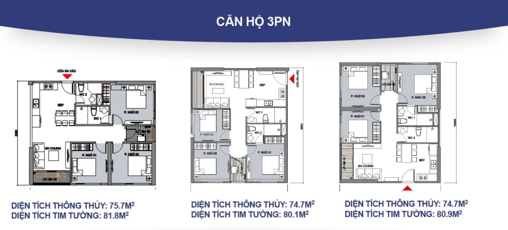 Mặt bằng thiết kế căn hộ 3 phòng ngủ điển hình 80m2